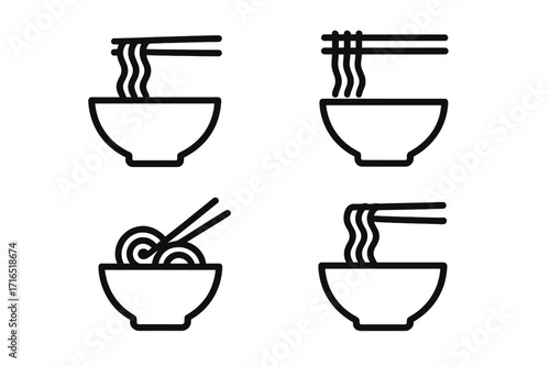 Noodle soup bowl line icon set. Minimalist vector symbols for Asian food. Ramen, pho, pasta concept for web, app design, restaurant menu, social media. Chinese, Japanese food.