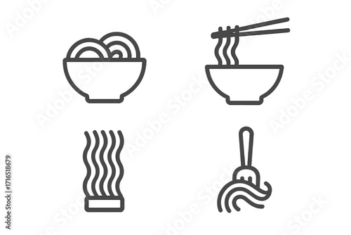 Noodle and ramen thin line icon set. Pasta, spaghetti, and instant noodles in a bowl with chopsticks and fork. Minimalist outline food symbols for web, apps, and menu design.