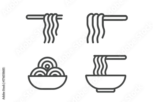 Noodle icon set. Ramen, pasta, and spaghetti line icons. Minimalistic outline symbols for Asian food, restaurant menu, web design, and apps. Vector illustration.