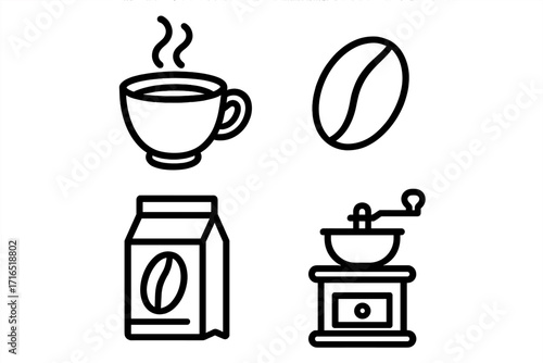 Roasted coffee outline linear icons pack. Hot coffee cup, coffee bean, coffee bag, manual coffee grinder. Vector cartoon illustration for graphic design, web, apps, adverts, cards