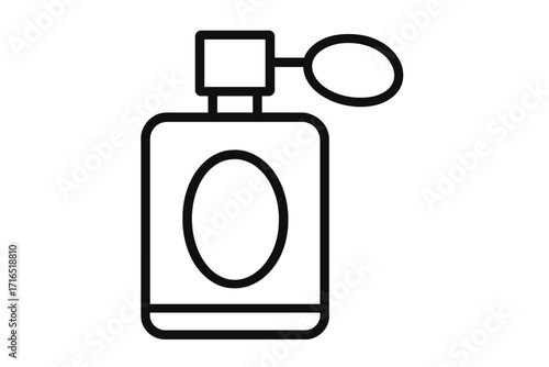 Perfume bottle line icon with atomizer spray. Vector illustration for fragrance, scent, and beauty products. Simple cosmetic symbol. Classic retro glamour outline pictogram.