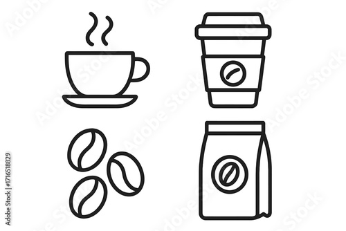 Roasted coffee outline icons set with steaming cup, coffee beans, takeaway cup, and coffee bag, vector cartoon illustration for graphic design, web, apps, adverts, cards