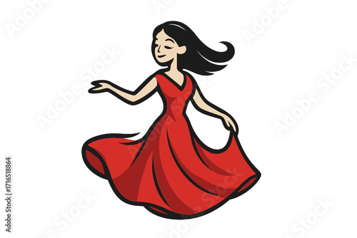Dancing woman in red dress vector logo illustration. Beautiful happy girl in elegant flowing gown. Feminine beauty fashion icon. Character for salsa flamenco dance studio.