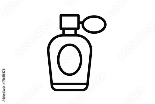 Perfume bottle outline icon with atomizer. Vector line art of a vintage fragrance spray. Retro cosmetic and beauty product symbol for graphic design, web, apps. Scent.