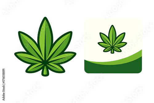 Green cannabis leaf logo and business card design template. Vector marijuana symbol for branding identity. Medical hemp icon set for corporate style and marketing materials.