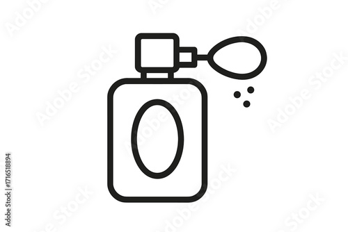 Perfume bottle outline icon. Vector illustration of a classic fragrance flacon with an atomizer pump. Line art symbol for beauty, cosmetics, scent, spray, and fashion.