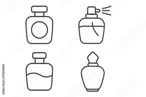 Set of perfume bottle line icons. Fragrance, cologne, and scent symbols. Beauty and cosmetic product vector illustration. Flacon with spray and atomizer pictogram for design.
