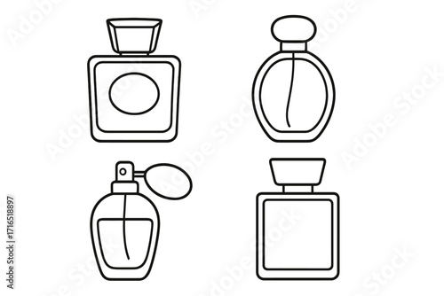 Perfume bottle outline icon set. Vector line art collection of fragrance, scent, and cologne flacons. Minimalist cosmetic and beauty symbols for web design and apps. Spray.