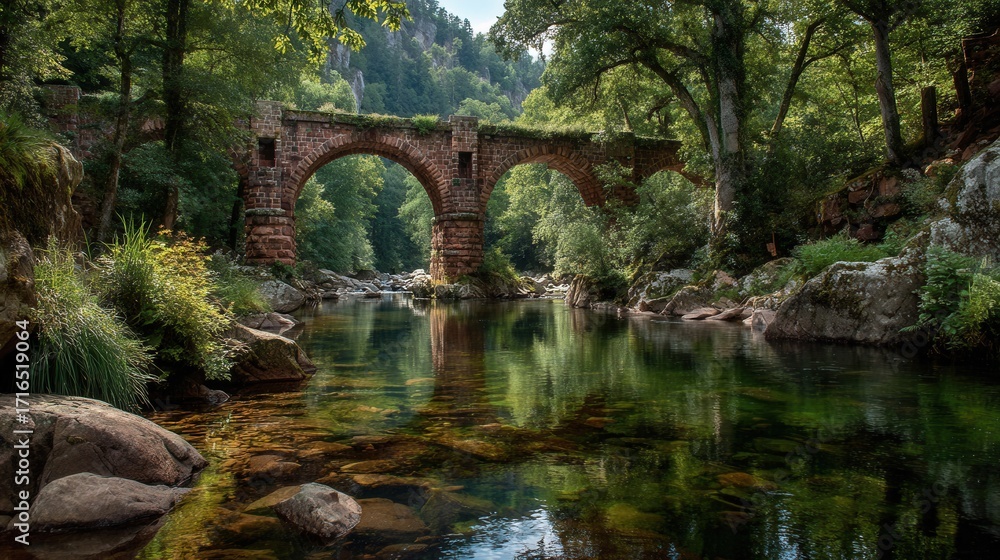 Fototapeta premium Rust brick bridge over reflective water at sunset