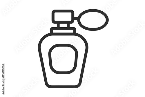 Perfume bottle line icon with vintage atomizer pump. Classic fragrance spray container. Vector symbol for cosmetics, beauty, scent, and luxury. Minimalist outline design.