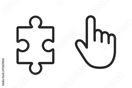 Puzzle piece and pointing hand icon set. Solution symbol, connection concept, linear style vector illustration with transparent background, abstract logic, problem solving design
