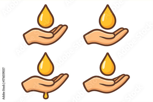 Hand and oil drop logo set. Vector cartoon icon. Concept for beauty, cosmetics, skin care. Golden liquid, honey, serum, essence. Natural organic product illustration. Drip.