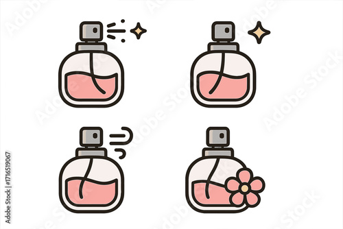 Vector set of perfume bottles with spray, shine effect, floral decoration, cosmetic fragrance concept, beauty product illustration, transparent background design