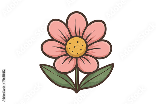 Hand drawn feminine flower logo. Vector cartoon illustration. Cute pink daisy blossom. Simple floral nature icon for botanical design. Isolated doodle sticker graphic element.
