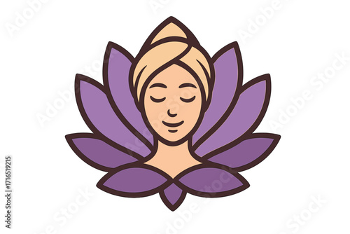 Woman face in lotus flower for beauty spa salon logo. Wellness, skincare, and relaxation concept. Vector illustration for cosmetic brand, hotel, meditation, or yoga studio.