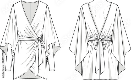 Women’s wrap blouse fashion flat sketch vector with dramatic wide sleeves, deep V-neckline, waist tie sash, front and back view illustration