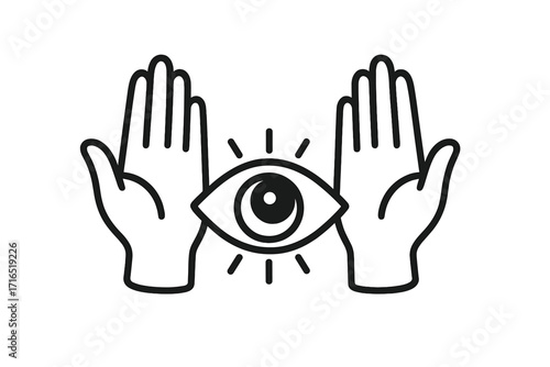Mystical all-seeing eye of providence between two open hands. Concept for clairvoyance, intuition, third eye, and spiritual vision. Esoteric, magical, psychic vector symbol.