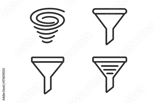 Set of Filter and Vortex Line Icons, Funnel Outline Symbols for Graphic Design, Web Apps, Advertising, Business Cards, User Interface Elements, Vector Cartoon Illustration