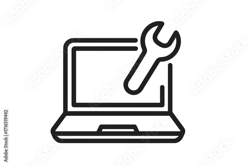 Laptop repair service icon. Computer maintenance and technical support symbol. Wrench tool for fixing notebook or PC. Concept of hardware setup, diagnostics and technology.
