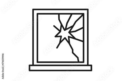 Broken window icon with shattered glass. Simple line art symbol for damage, vandalism, or accident. Cracked pane concept illustration. Destruction, break, smash vector.