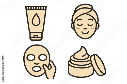 Skincare icons set vector, moisturizing cream, facial mask and beauty care, simple cartoon style, cosmetic products illustration, beauty routine, transparent background