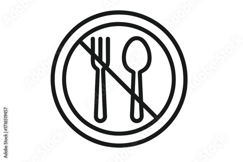 Water prohibited sign icon, no drinking water symbol, forbidden drink safety pictogram, stop water intake graphic, prohibition symbol with fork and spoon, food and drink ban illustration