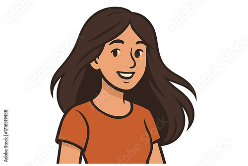 Happy smiling young woman with long brown hair vector cartoon character illustration. Beautiful friendly girl portrait for an avatar, profile picture, or user icon concept.