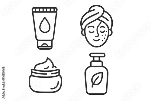 Simple skincare icons set with cream, lotion, and face mask symbols, vector cartoon illustration, transparent background, beauty care and cosmetic concept, skin treatment essentials