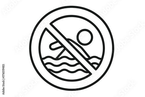 No swimming warning sign vector line icon. Do not swim prohibition symbol for safety. Forbidden pictogram indicating danger in water. Restriction for beach, pool, lake, or river. Hazard illustration.