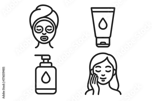 Skincare icons set with facial mask, moisturizer cream, liquid soap dispenser, and woman cleansing face, outline vector illustration for beauty, web design, apps, and adverts