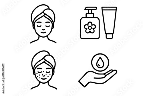 Skincare icons set with face care, moisturizer, cream tube, hydration, spa and beauty wellness vector illustrations, outline graphic design elements for apps, adverts, cards