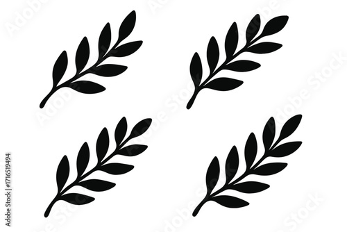Set of black laurel branch silhouettes. Vector icons of elegant leaves. Symbol of peace, victory, and honor. Minimalist botanical plant foliage illustration for design.