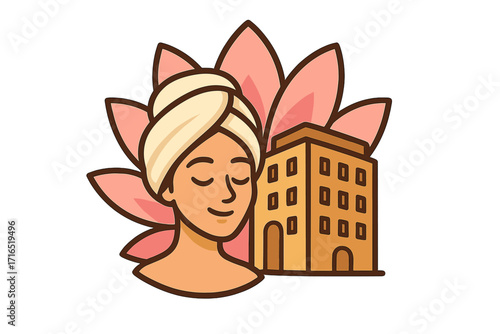 Spa hotel resort and wellness center concept. Vector illustration of a relaxed woman face with a towel and a lotus flower. For beauty, skincare, therapy, and relaxation.