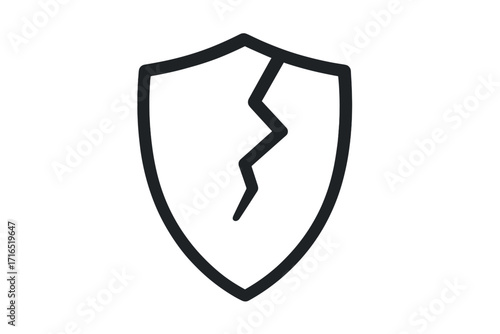 Cracked shield icon. Vulnerability, security breach, data leak, cyber attack concept. Broken protection symbol. Risk, danger, and failure sign. Unsafe and insecure idea.