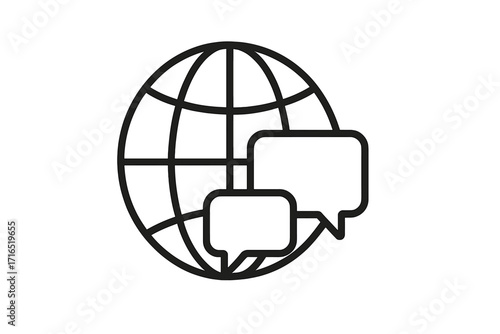 Global communication icon with speech bubbles, isolated line vector illustration for graphic design, web, social media, cards, books, articles, digital conversation concept