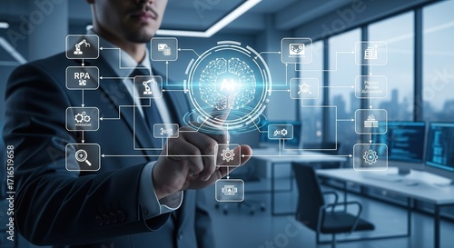 Businessman touching AI brain interface, robotic process automat
