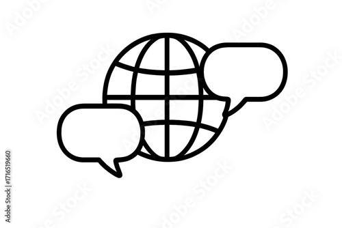 Global communication speech bubbles icon, isolated line art vector design for websites, social media, cards, books, articles, digital dialogue, chat concept, transparent background