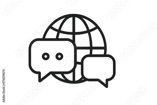 Global communication speech bubbles icon, isolated line vector illustration for graphic design, websites, cards, books, articles, digital media, transparent background