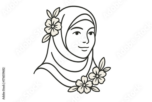 Muslima in floral hijab logo. Beautiful woman face line art for modest fashion or beauty brand. Elegant Islamic girl portrait vector illustration. Feminine flower design.
