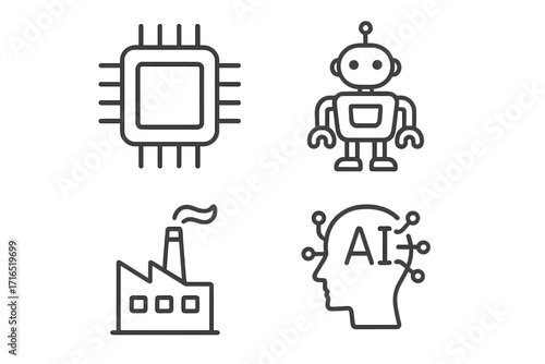 Technology thin line icon set with chip, robot, factory, and artificial intelligence symbols for graphic design, web design, apps, advertisements, and digital projects