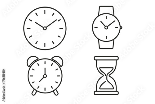 Time icons set with clock, wristwatch, alarm clock, and hourglass outline symbols, simple linear editable stroke design, perfect for web, apps, cards, books, and vector illustrations