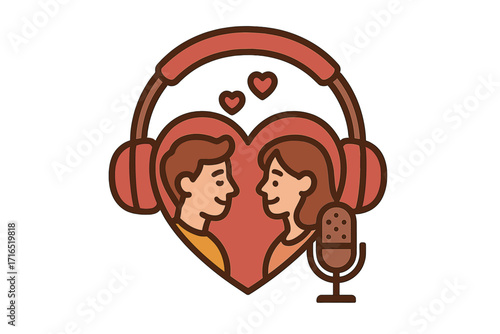 Love story podcast logo with couple in heart. Vector icon for dating show, relationship advice broadcast. Man and woman with headphones and microphone. Romantic audio emblem.