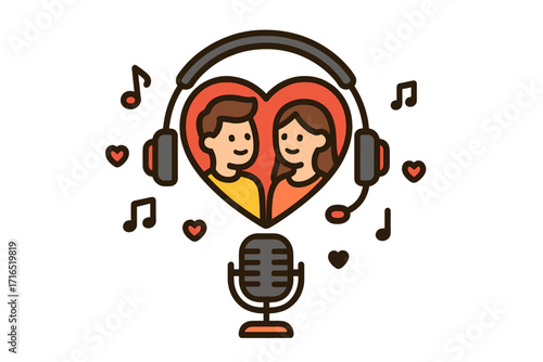 Love story podcast logo design. Cute cartoon couple in red heart with headphones and microphone. Vector illustration for dating, romance, and relationship audio show or broadcast.