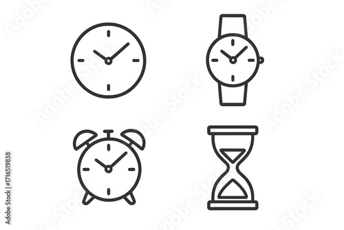 Time, clock, watch, hourglass simple isolated line icons collection, editable stroke, vector cartoon illustration, perfect for websites, books, cards, apps, design elements