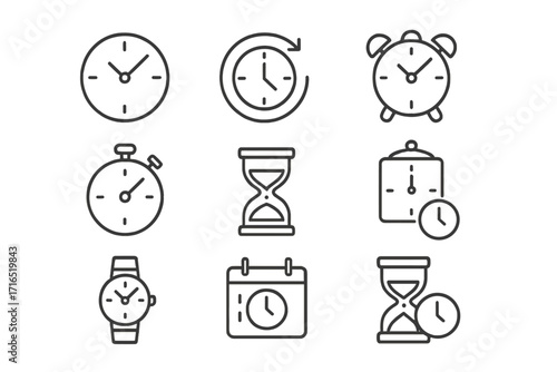 Time and clock icons set with watch, hourglass, stopwatch, calendar, and alarm symbol. Editable stroke vector line art for web, apps, books, and cards, perfect for digital and print designs.
