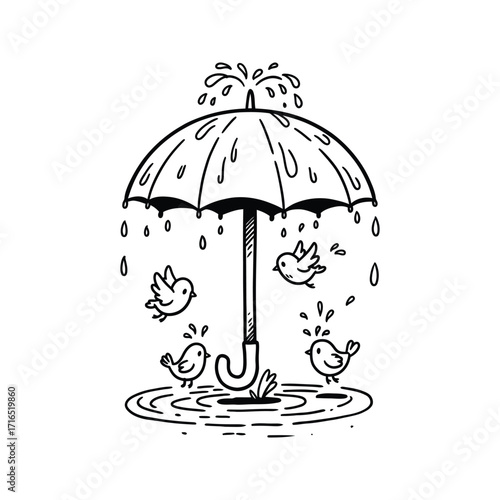 Cute birds sheltering under umbrella in rain puddle black and white doodle illustration
