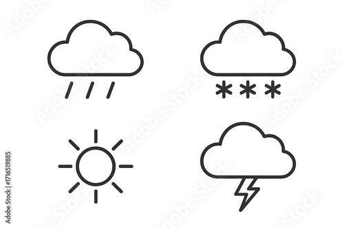 Weather forecast line icon collection with rain, snow, thunderstorm, sun, and cloud. Minimalistic linear weather symbols for web design, apps, banners, social media, graphic design.