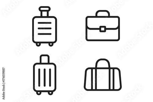 Minimalistic thin icon set of luggage and bags including roller suitcase, briefcase, travel bag, and carry-on suitcase for web graphic design, apps, and banners