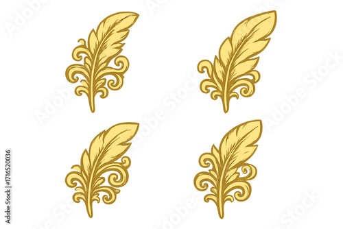 Set of luxury gold feather quill icons. Ornate baroque scroll filigree element for logo. Vintage decorative classic damask flourish ornament. Elegant floral swirl decoration vector.