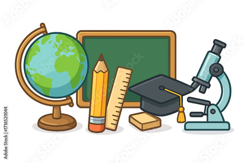 Education and learning concept vector. School tools illustration with globe, chalkboard, microscope, graduation cap. Academic knowledge for back to school, science, geography.